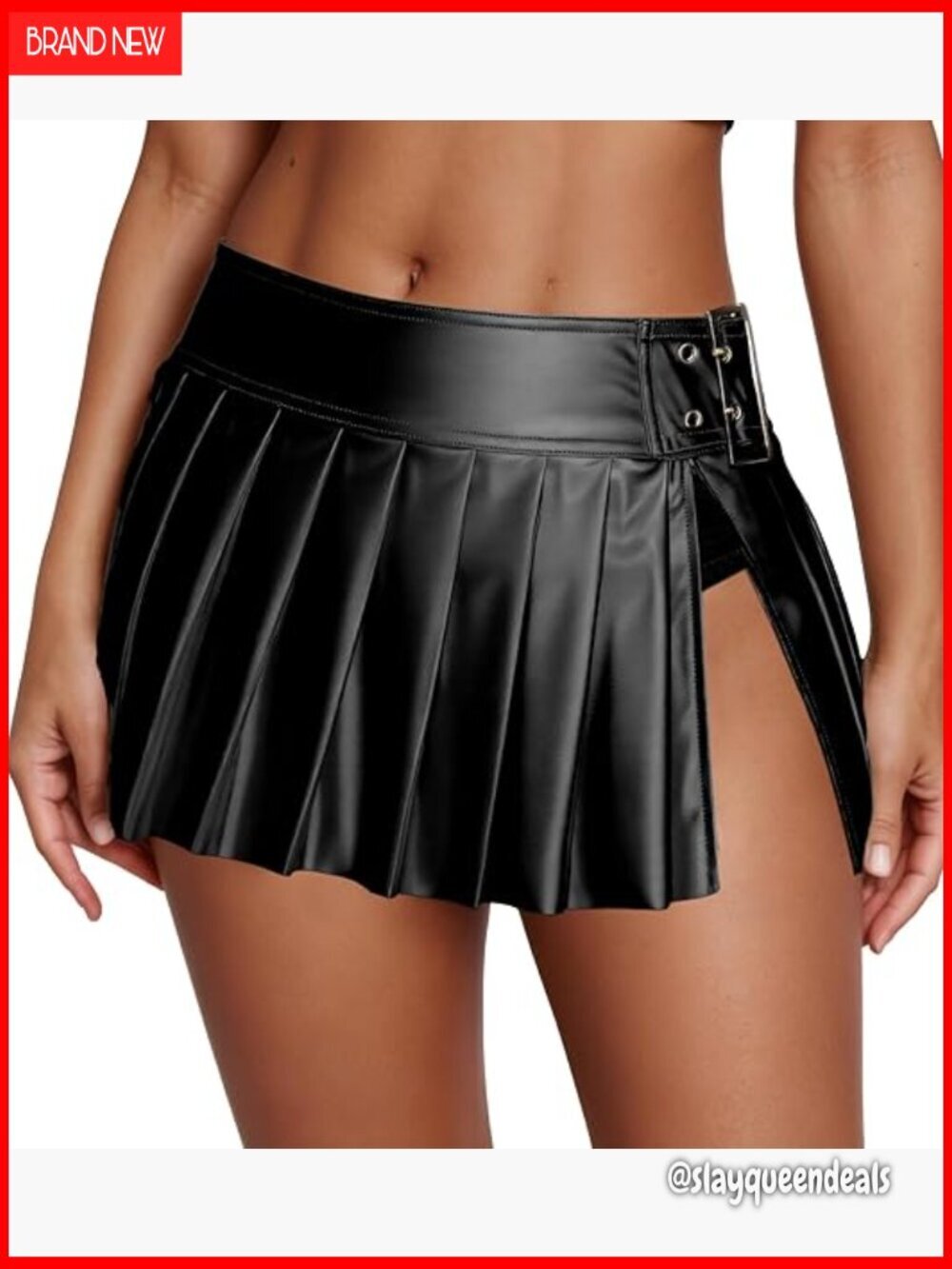 Faux Leather Pleated Mini Skirt with Built-In Panties Low Rise Slit
